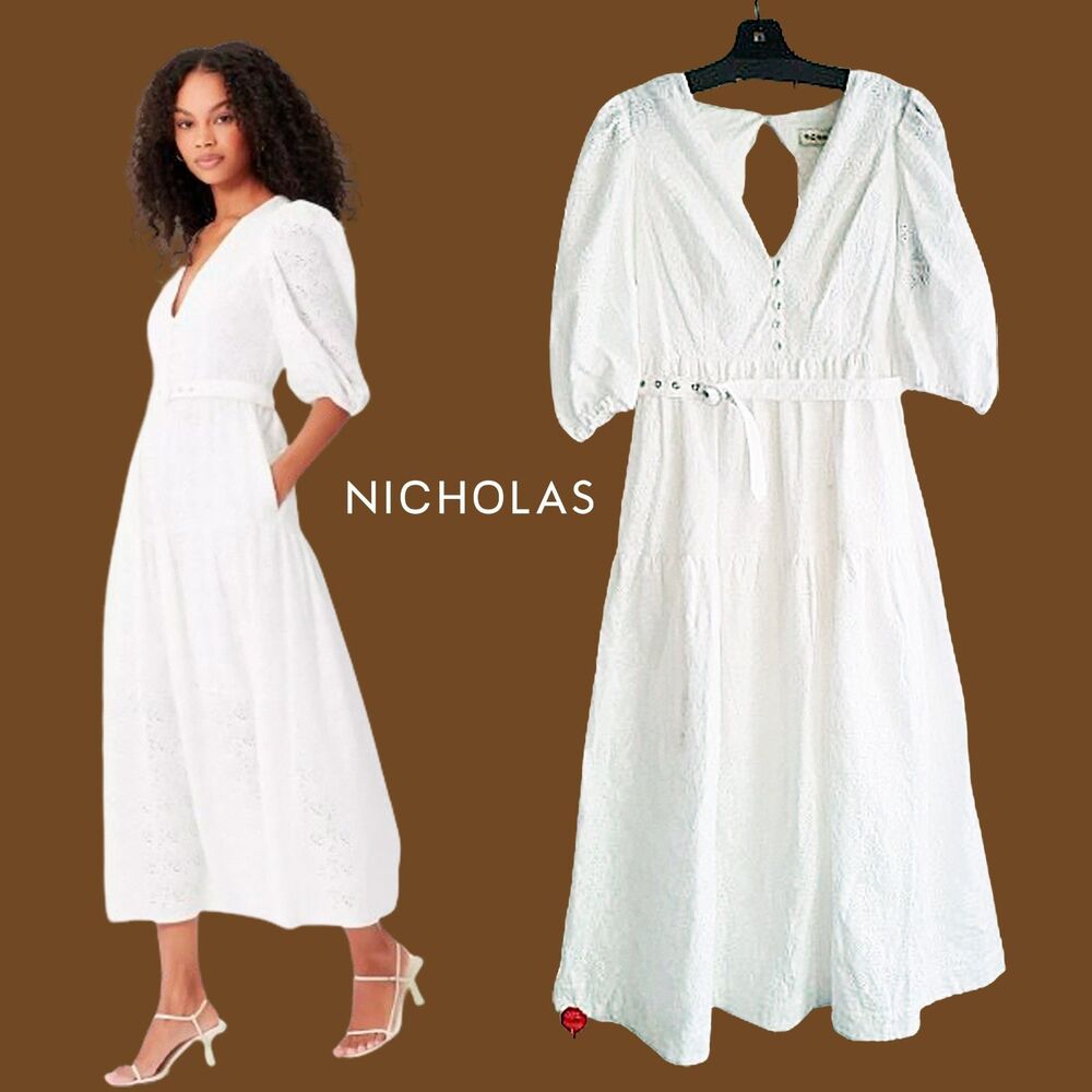 NICHOLAS NEW CELIE Eyelet Embroidered Belted Midi Dress 8 NWT
